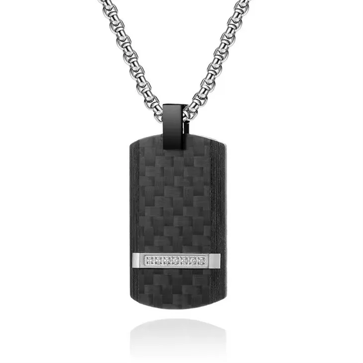 Dog Tag Pendant Stainless Steel And Carbon Fibre Lines Inlaid Zircon Men's Pendant